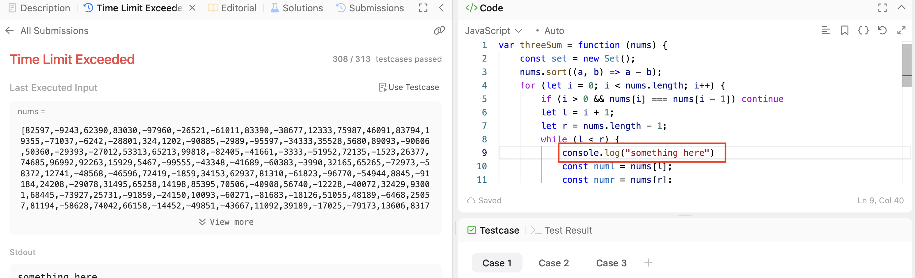 An image showing a console.log statement that was supposed to be removed from the submitted LeetCode test runner