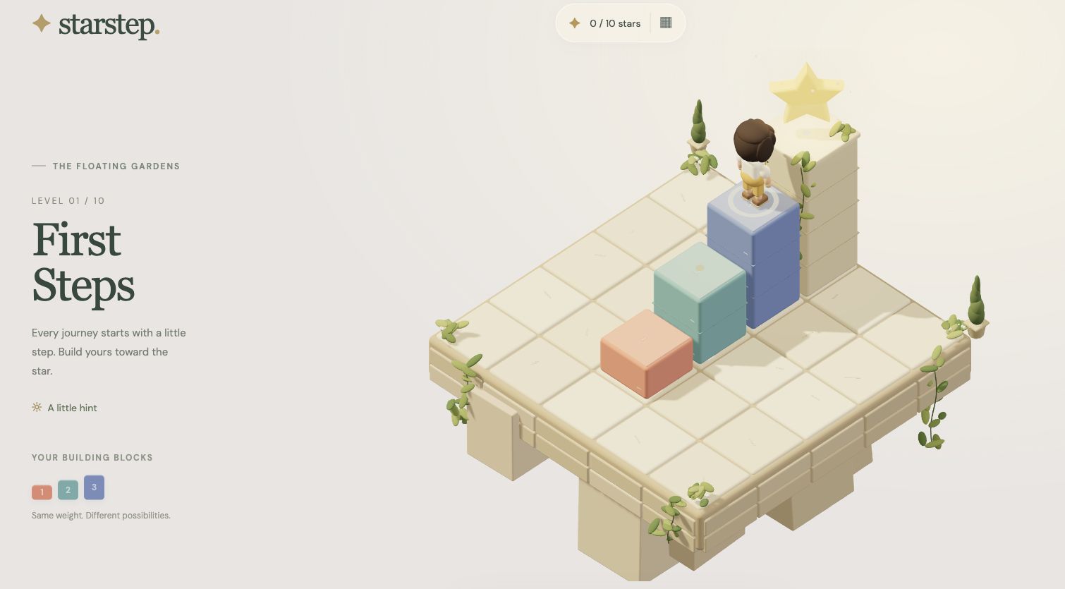 Starstep gameplay: an explorer climbs a staircase of colorful blocks toward a star in a floating garden.